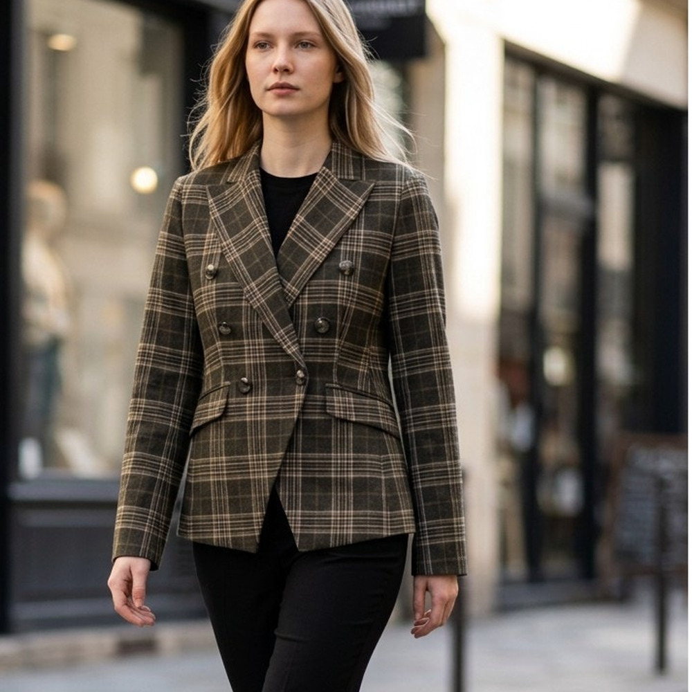 Banana Republic Wool Blend Cadet Plaid Double-Breasted Blazer Size 12 Gray